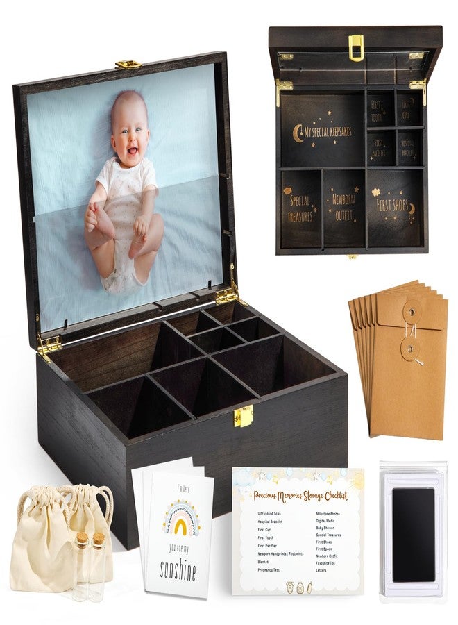 Shinlar Baby Keepsake Box Wooden with 6 Additional Items - Baby Shower Gifts for Girls Boys New Mom, Newborn Essentials Must Haves Memory Box with Tooth Fairy Tooth Holder, Engraved with Guidelines, Large - Image 1